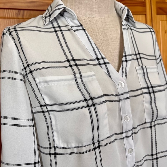 Fortune & Ivy Small White Black Plaid Windowpane Button Front Blouse Roll Tab - Picture 5 of 10